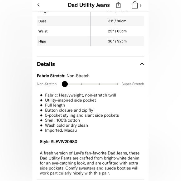 NWT Levi’s Dad Utility Jean in Ecru - Size 24 - Picture 6 of 9